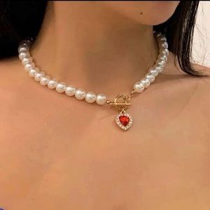 Faux Pearl Choker with Heart Pendant